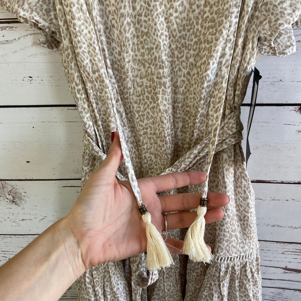 Olivaceous S Cream Boho Animal Print Belted Tassel Ruffle Flowy Mini Dress - Picture 5 of 10